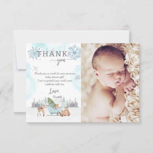 冬の森のベビーその冷たい外シャワー写真 サンキューカード (正面)