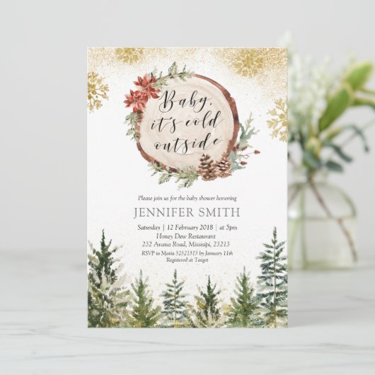 冬の森のベビーその冷たい屋外ベビーシャワー 招待状 (スタンド正面)