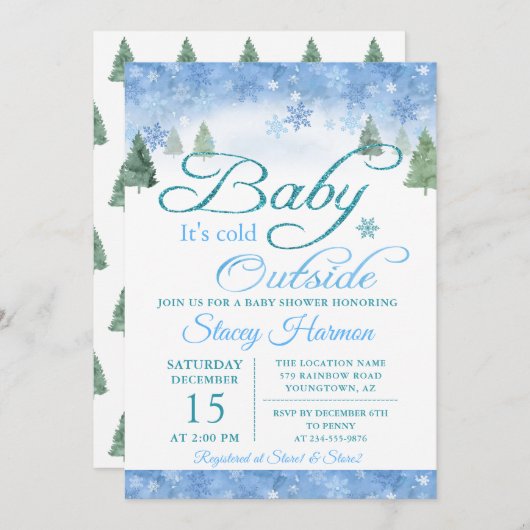 冬の森のベビーその冷たい屋外ベビーシャワー 招待状 (正面/裏面)