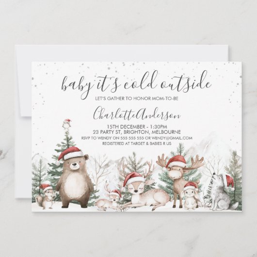 冬の森のベビーベビーシャワー外は寒い 招待状 (正面)
