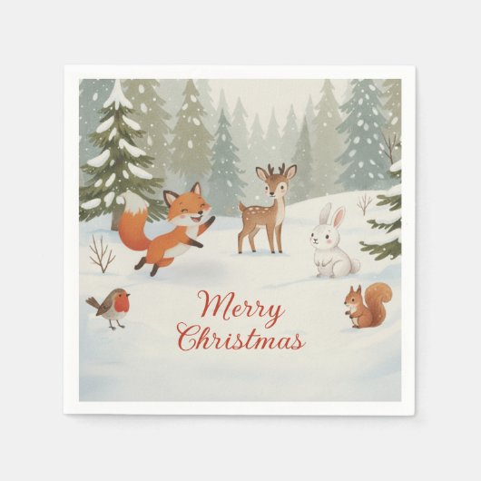 冬の森のメリークリスマス 森の動物たち スタンダードカクテルナプキン (正面)
