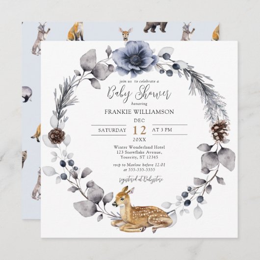 冬の森のリースウッドランド動物の赤ちゃんシャワー 招待状 (正面/裏面)