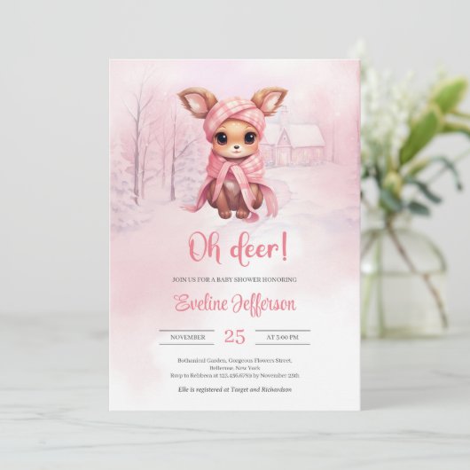 冬の森の中でかわいい小さなピンクの鹿 招待状 (スタンド正面)