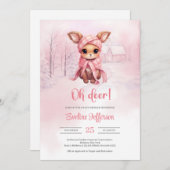 冬の森の中でかわいい小さなピンクの鹿 招待状 (正面/裏面)