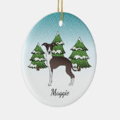 冬の森の中でイタリアンの白いグレイハウンド セラミックオーナメント (右)