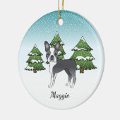 冬の森の中でブルーボストンテリア セラミックオーナメント (左)