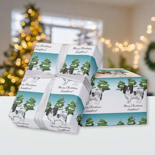 冬の森の中で三色パピヨンかわいい犬 ラッピングペーパー
