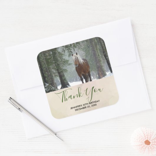 冬の森の中で茶色の馬ありがとう スクエアシール (封筒)