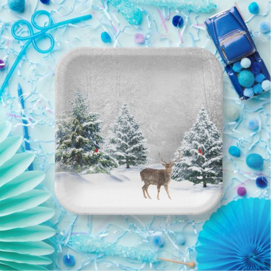 冬の森の中のクリスマスの鹿 ペーパープレート (パーティー)