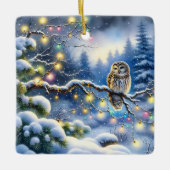冬の森の中のクリスマスフクロウ セラミックオーナメント (正面)