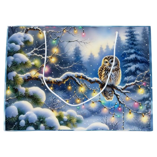 冬の森の中のクリスマスフクロウ ラージペーパーバッグ (正面)