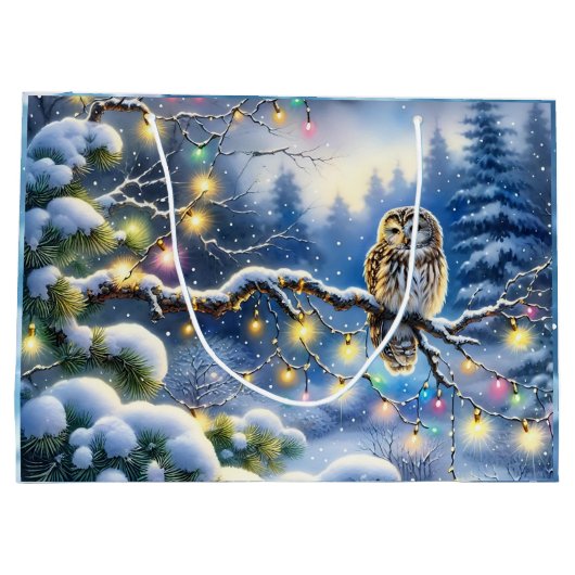 冬の森の中のクリスマスフクロウ ラージペーパーバッグ (裏面)