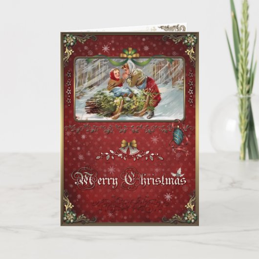 冬の森の中のクリスマス、母と娘。 シーズンカード (正面)