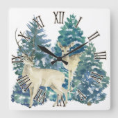 冬の森の中のシカ スクエア壁時計 (正面)