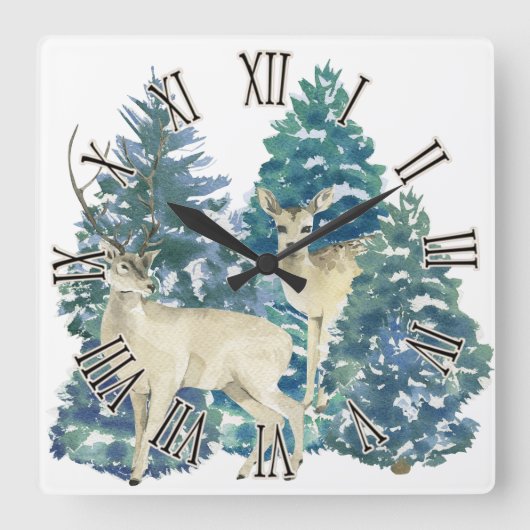 冬の森の中のシカ スクエア壁時計 (正面)