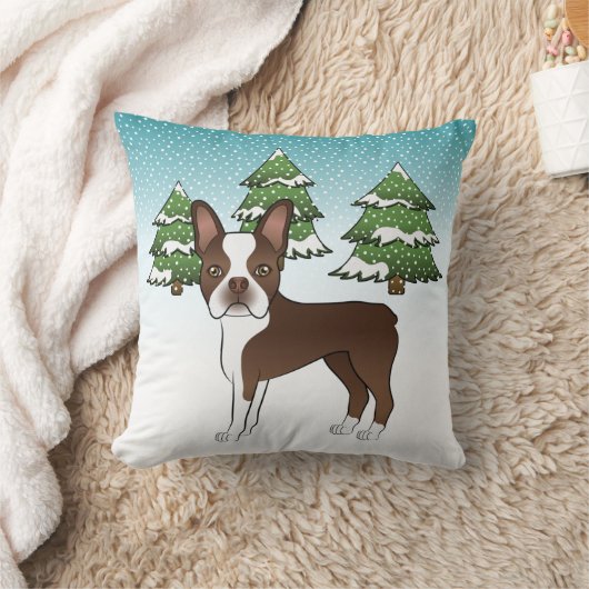 冬の森の中のチョコレートブラウンボストンテリア クッション (ブランケット)