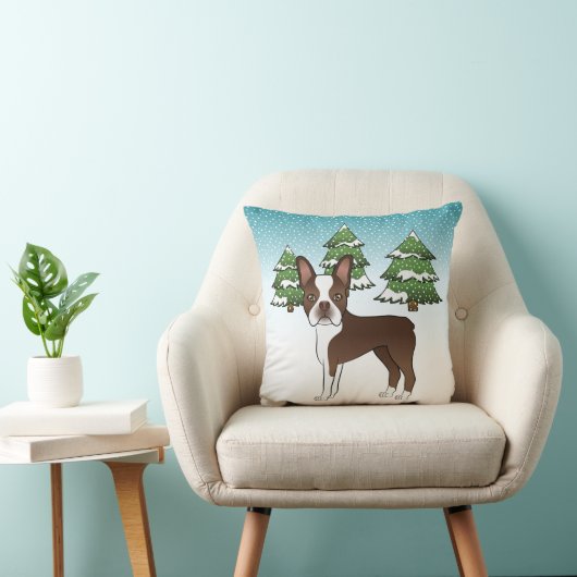 冬の森の中のチョコレートブラウンボストンテリア クッション (椅子)