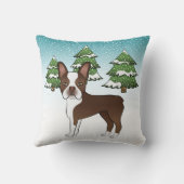 冬の森の中のチョコレートブラウンボストンテリア クッション (裏面)