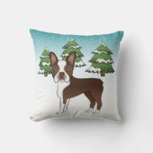 冬の森の中のチョコレートブラウンボストンテリア クッション (正面)