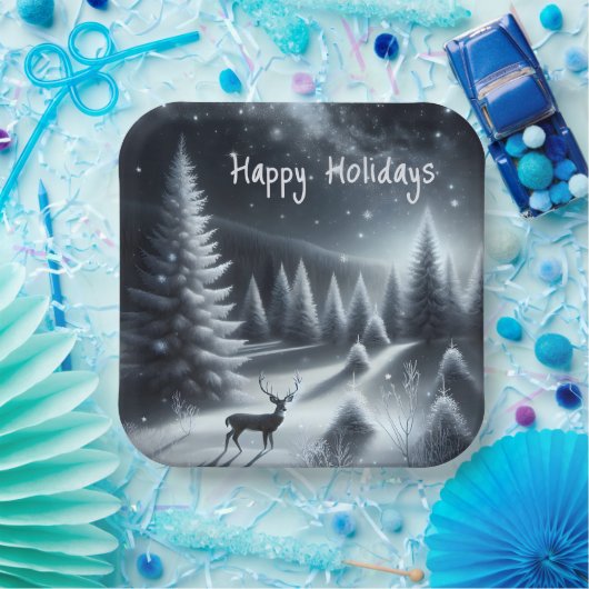 冬の森の中のハッピーホリデーズディアー ペーパープレート (パーティー)