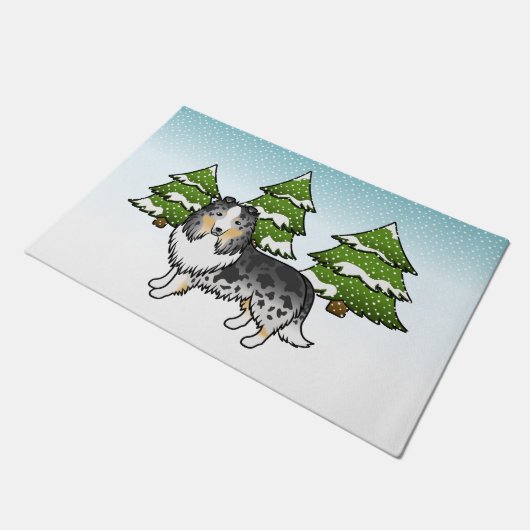 冬の森の中のブルーメルシェトランドシェプドッグ ドアマット (アングル)