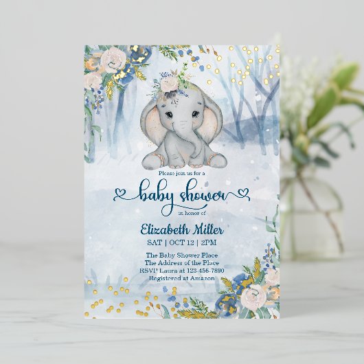 冬の森の中の可愛い象の赤ちゃんシャワー 箔招待状 (立ち正面)