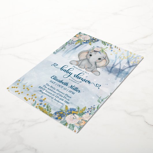 冬の森の中の可愛い象の赤ちゃんシャワー 箔招待状 (回転した状態)