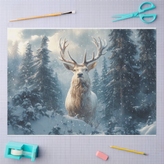 冬の森の中の白い牡鹿アートデコパージュ 薄葉紙 (クラフト)