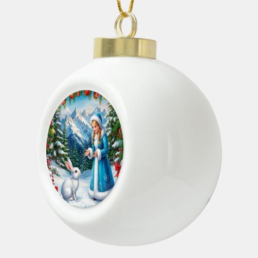 冬の森の中の白うさぎと雪の少女 セラミックボールオーナメント (右)