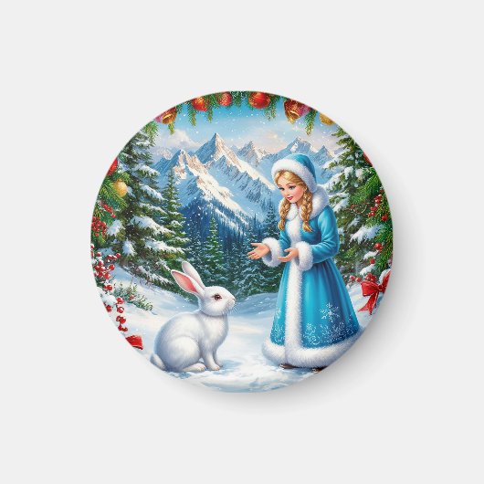 冬の森の中の白うさぎと雪の少女 マグネット (正面)