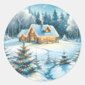 冬の森の中の穏やかなログキャビン ラウンドシール (正面)