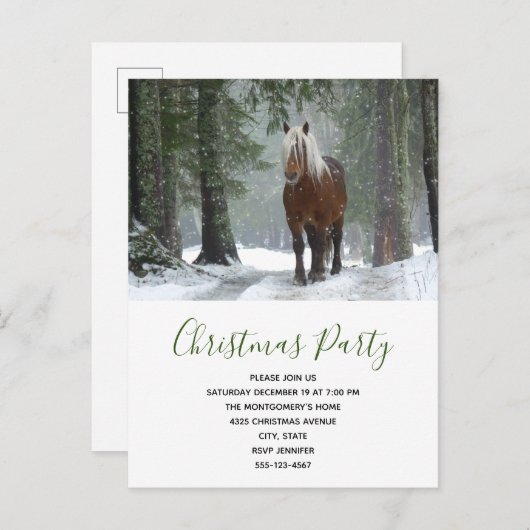 冬の森の中の茶色の馬クリスマスパーティー インビテーションポストカード (正面/裏面)