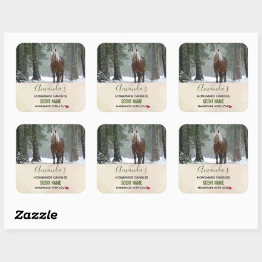 冬の森の中の茶色の馬フォトキャンドル スクエアシール (シート)