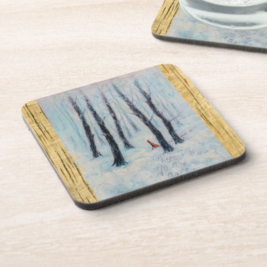 冬の森の中の赤い乗馬フードのような姿 コースター (左側)