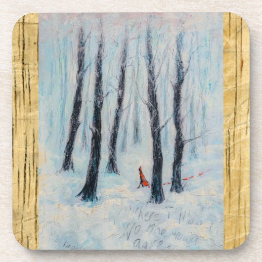 冬の森の中の赤い乗馬フードのような姿 コースター (正面)