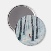 冬の森の中の赤い乗馬フードのような姿 マグネット (正面/裏面)