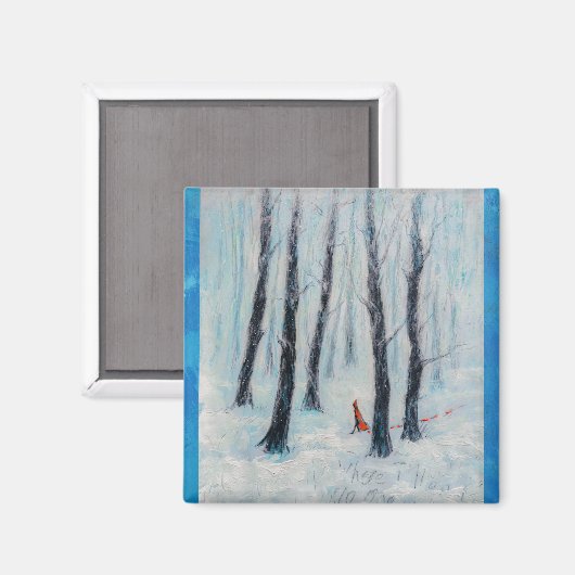 冬の森の中の赤い乗馬フードのような姿 マグネット (正面/裏面)