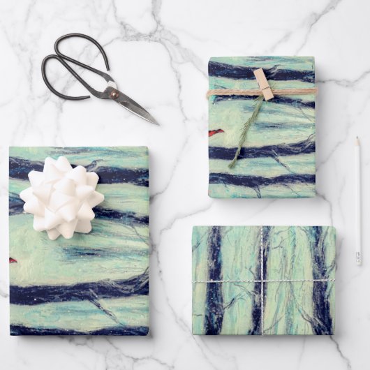 冬の森の中の赤い乗馬フードのような姿 ラッピングペーパーシート (正面)