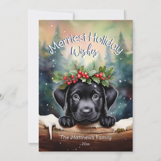 冬の森の中の黒いラボパピーのクリスマスの願い シーズンカード (正面)