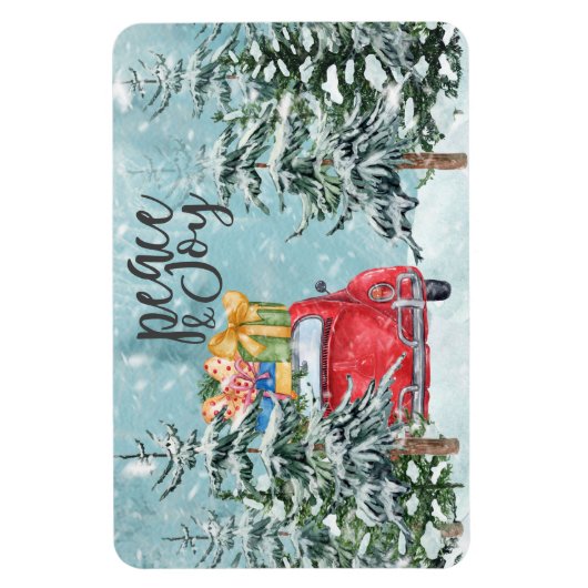 冬の森の休日に平和と喜びの赤い車 マグネット (縦)