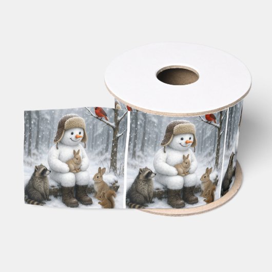 冬の森の動物たちと雪だるま グログランリボン (リール)
