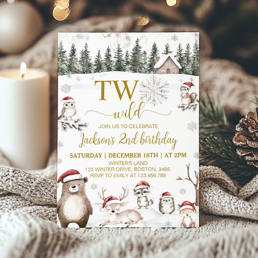 冬の森の動物たち　ワイルドな2歳の誕生日 招待状