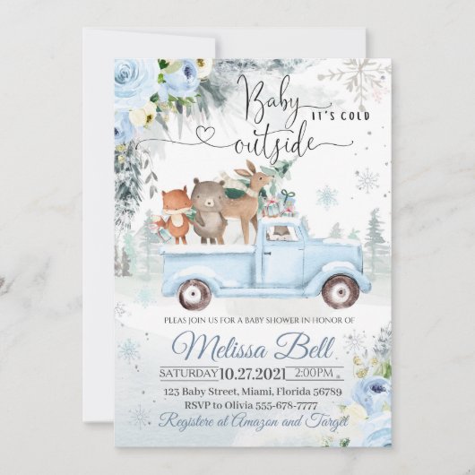 冬の森の動物たち 青いトラック 雪の赤ちゃんのお披露目 招待状 (正面)