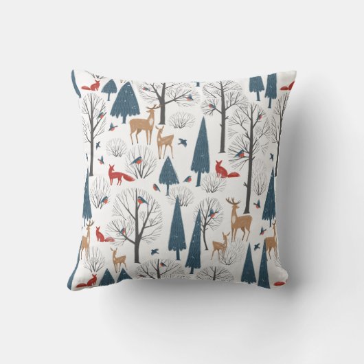 冬の森の動物と木のミニマルなパターン クッション (裏面)