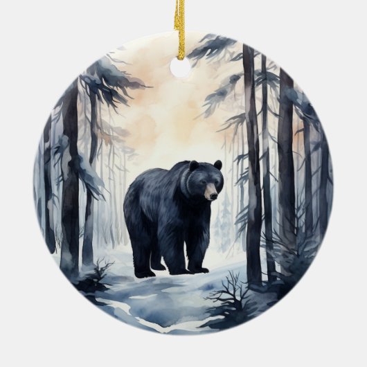 冬の森の動物の上に黒いクマ セラミックオーナメント (裏面)