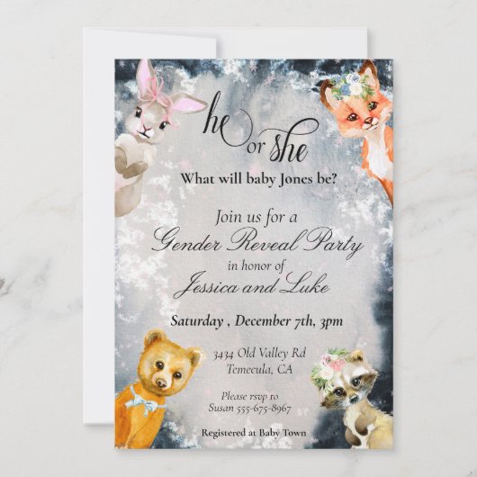 冬の森の動物の休日を性別で明らかにする 招待状 (正面)