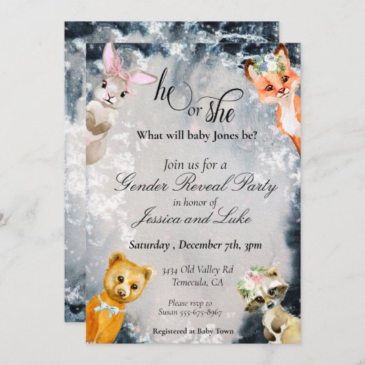 冬の森の動物の休日を性別で明らかにする 招待状 (正面/裏面)