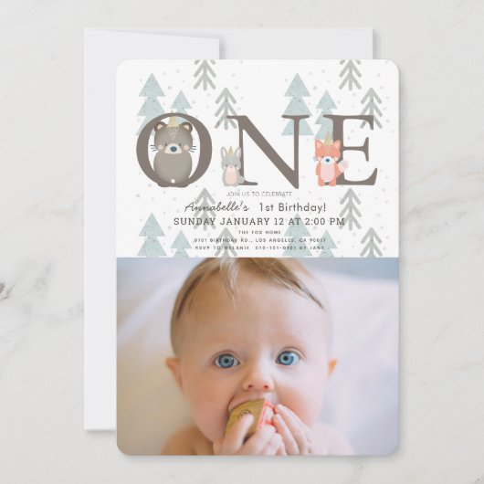 冬の森の動物の写真1st誕生日 招待状 (正面)