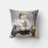 冬の森の動物の友達と雪だるま クッション (正面)