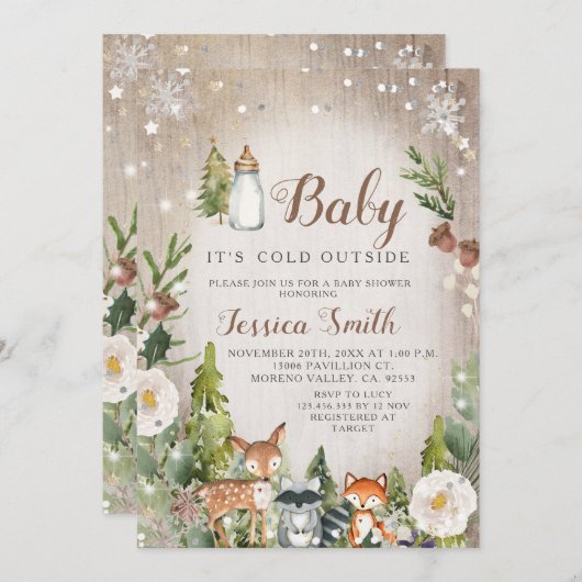 冬の森の動物の寒い外の赤ちゃんシャワー 招待状 (正面/裏面)